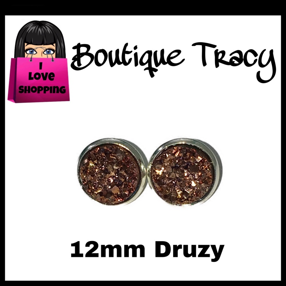 Bronze Druzy 12mm Round Silver Setting Earrings